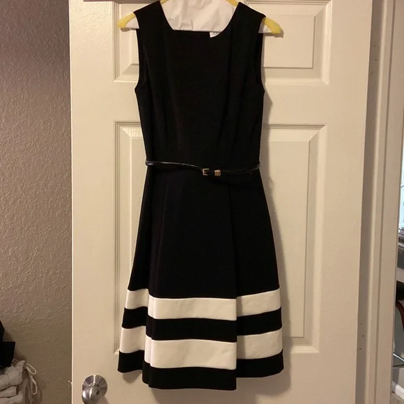 calvin klein black and white striped dress Calvin Klein NWT Black and Off White Striped Layered Jersey Stretch Dress